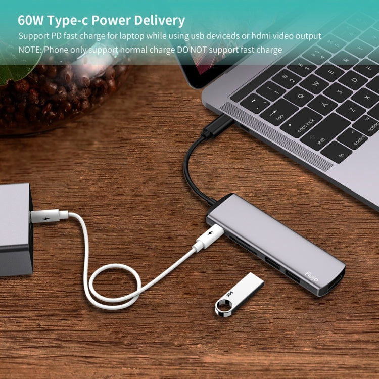 Flujo UC54 6 in 1 USB-C / Type-C PD Port + TF / SD Card + USB 3.0 x 2 + HDMI to USB-C / Type-C HUB Adapter