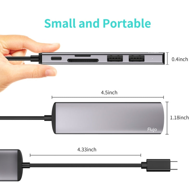 Flujo UC54 6 in 1 USB-C / Type-C PD Port + TF / SD Card + USB 3.0 x 2 + HDMI to USB-C / Type-C HUB Adapter