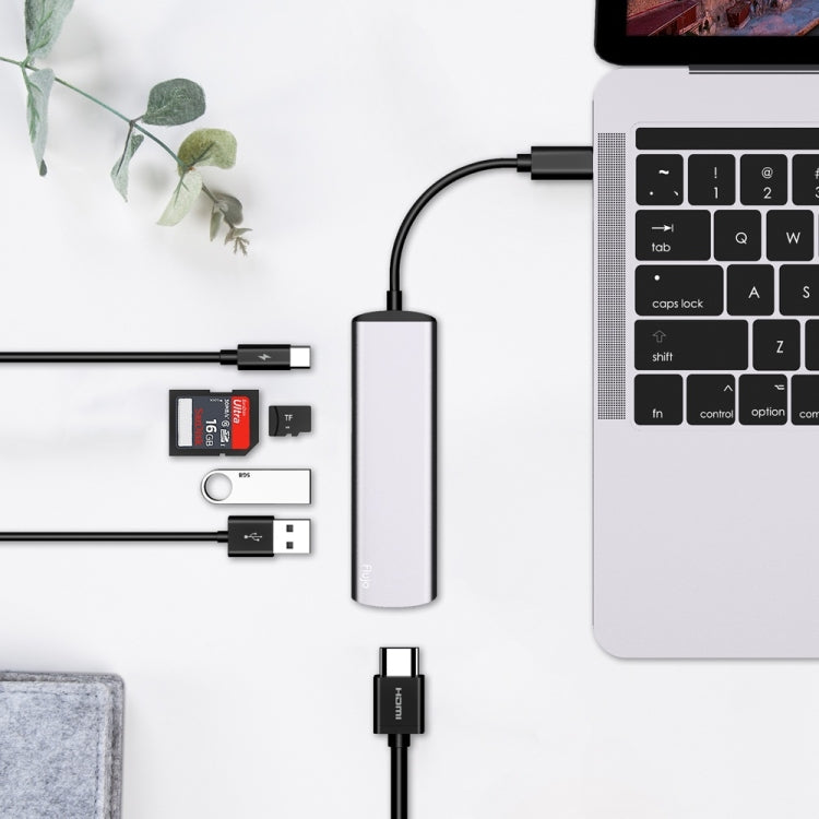 Flujo UC54 6 in 1 USB-C / Type-C PD Port + TF / SD Card + USB 3.0 x 2 + HDMI to USB-C / Type-C HUB Adapter
