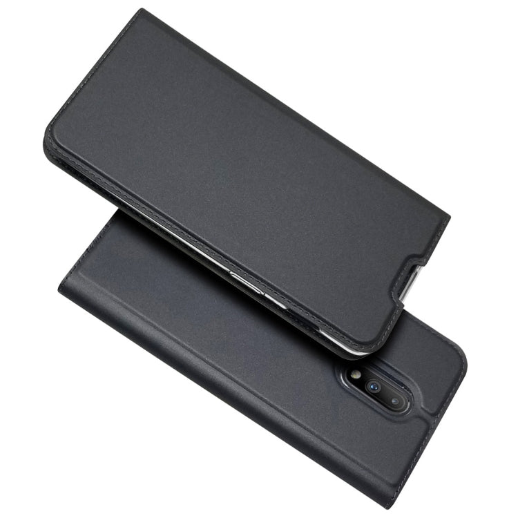 Electric Pressed Plain Texture Ultra-thin Magnetic Suction TPU + PU Leather Case for OnePlus 7, with Holder & Card Slot