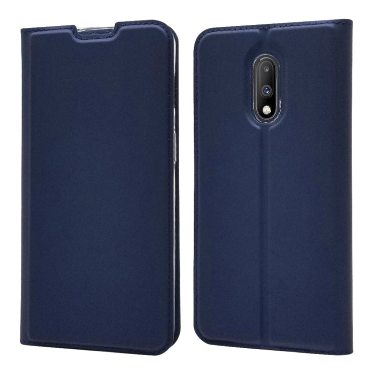 Electric Pressed Plain Texture Ultra-thin Magnetic Suction TPU + PU Leather Case for OnePlus 7, with Holder & Card Slot