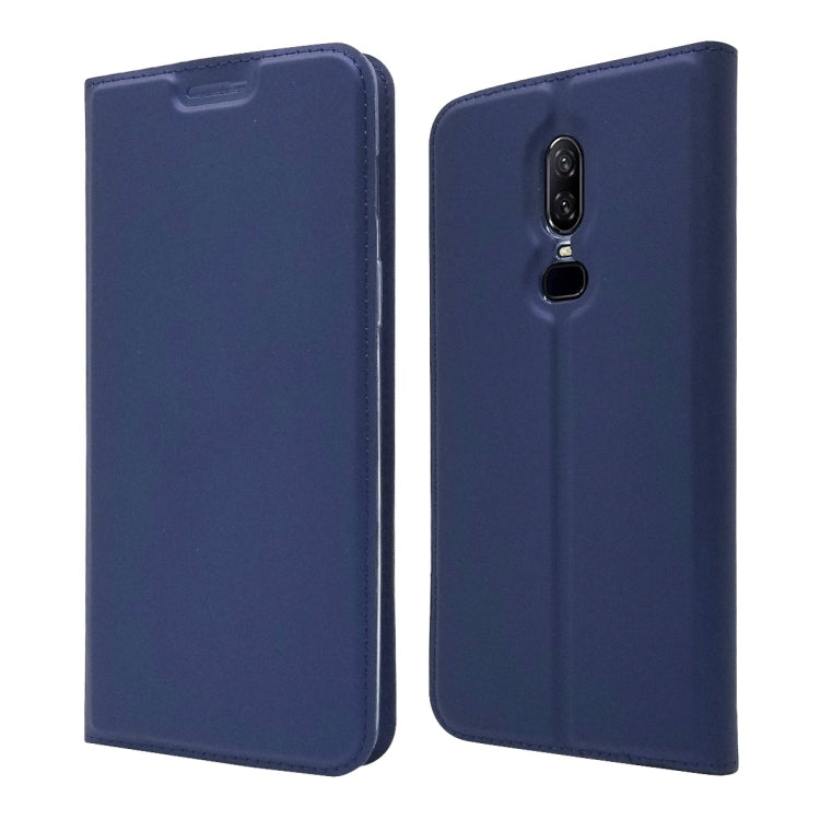 Electric Pressed Plain Texture Ultra-thin Magnetic Suction TPU + PU Leather Case for OnePlus 6, with Holder & Card Slot