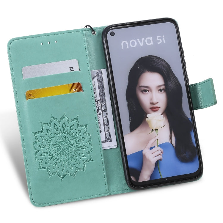 Pressed Printing Sunflower Pattern Horizontal Flip PU Leather Case for Huawei Nova 5i / P20 Lite (2019), with Holder & Card Slots & Wallet & Lanyard