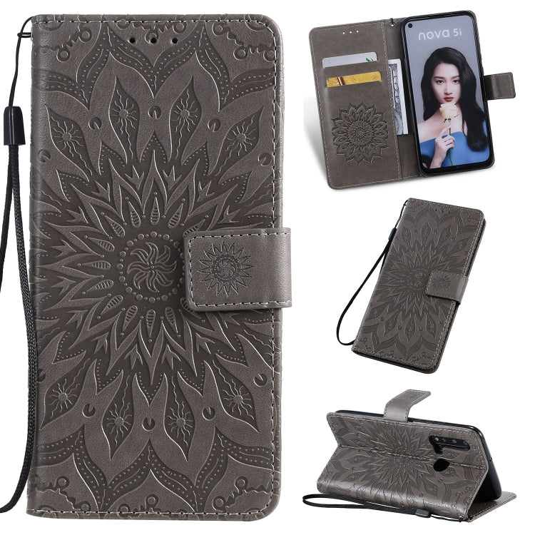 Pressed Printing Sunflower Pattern Horizontal Flip PU Leather Case for Huawei Nova 5i / P20 Lite (2019), with Holder & Card Slots & Wallet & Lanyard