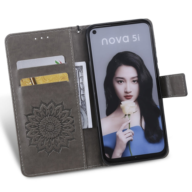 Pressed Printing Sunflower Pattern Horizontal Flip PU Leather Case for Huawei Nova 5i / P20 Lite (2019), with Holder & Card Slots & Wallet & Lanyard