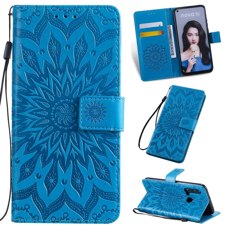 Pressed Printing Sunflower Pattern Horizontal Flip PU Leather Case for Huawei Nova 5i / P20 Lite (2019), with Holder & Card Slots & Wallet & Lanyard