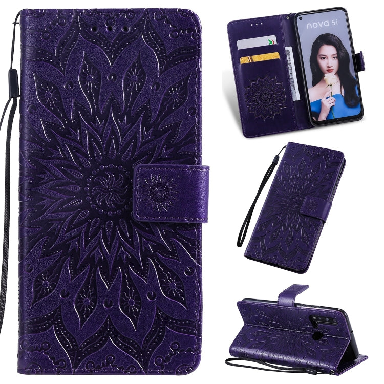 Pressed Printing Sunflower Pattern Horizontal Flip PU Leather Case for Huawei Nova 5i / P20 Lite (2019), with Holder & Card Slots & Wallet & Lanyard