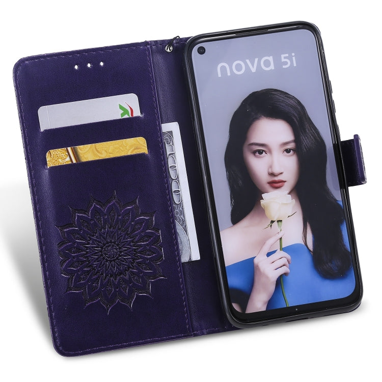 Pressed Printing Sunflower Pattern Horizontal Flip PU Leather Case for Huawei Nova 5i / P20 Lite (2019), with Holder & Card Slots & Wallet & Lanyard
