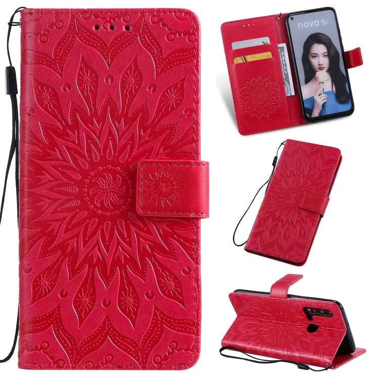 Pressed Printing Sunflower Pattern Horizontal Flip PU Leather Case for Huawei Nova 5i / P20 Lite (2019), with Holder & Card Slots & Wallet & Lanyard