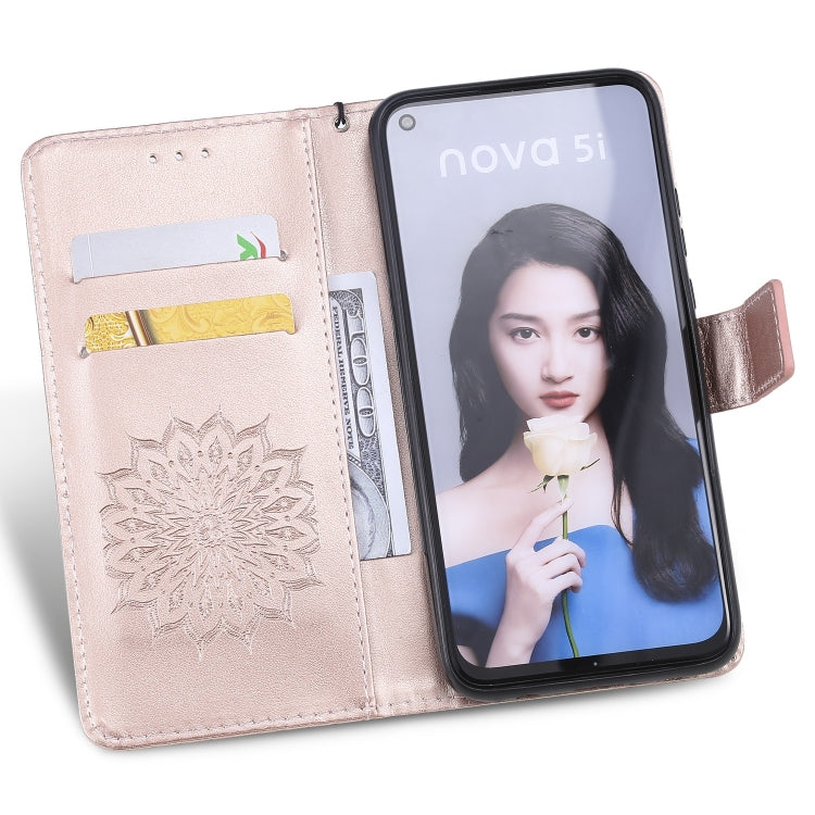 Pressed Printing Sunflower Pattern Horizontal Flip PU Leather Case for Huawei Nova 5i / P20 Lite (2019), with Holder & Card Slots & Wallet & Lanyard