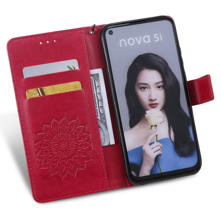 Pressed Printing Sunflower Pattern Horizontal Flip PU Leather Case for Huawei Nova 5i / P20 Lite (2019), with Holder & Card Slots & Wallet & Lanyard