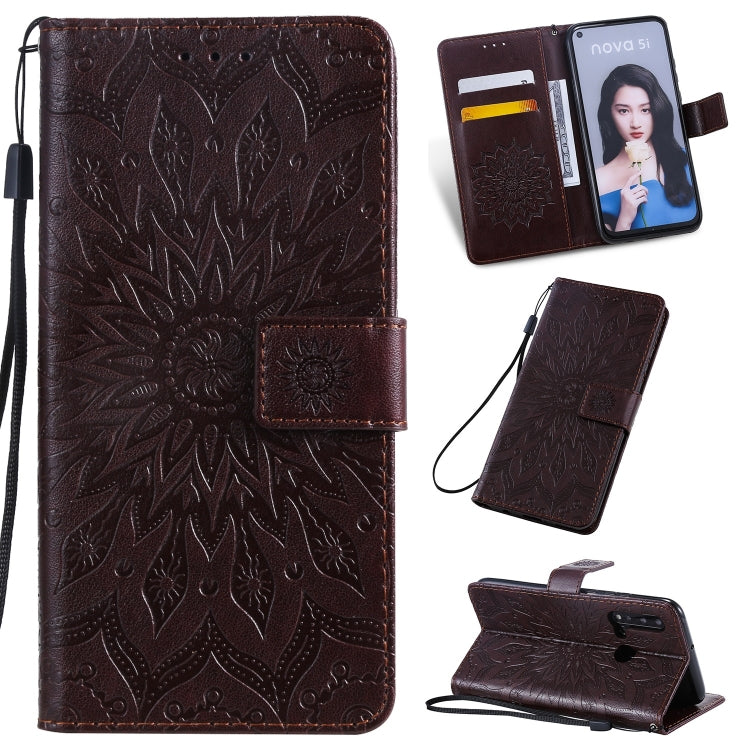 Pressed Printing Sunflower Pattern Horizontal Flip PU Leather Case for Huawei Nova 5i / P20 Lite (2019), with Holder & Card Slots & Wallet & Lanyard