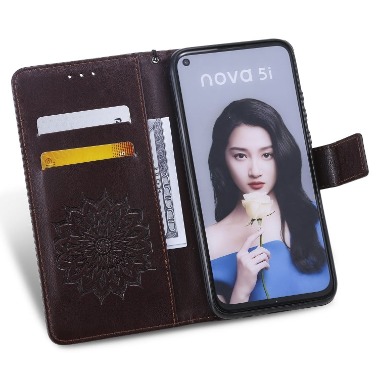 Pressed Printing Sunflower Pattern Horizontal Flip PU Leather Case for Huawei Nova 5i / P20 Lite (2019), with Holder & Card Slots & Wallet & Lanyard