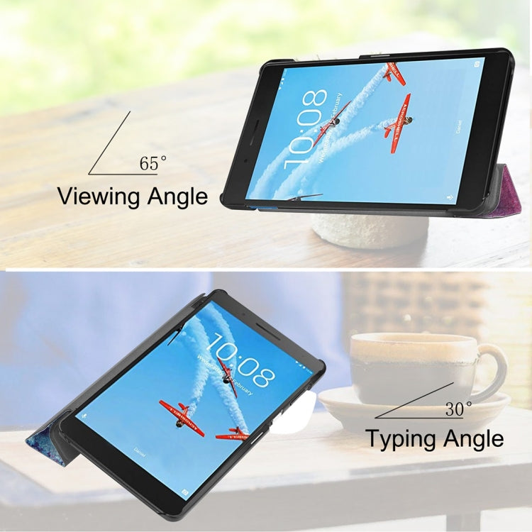 Horizontal Flip Galaxy Nebula Pattern Colored Painted PU Leather Case for Lenovo E7 / TB-7104F, with Three-folding Holder