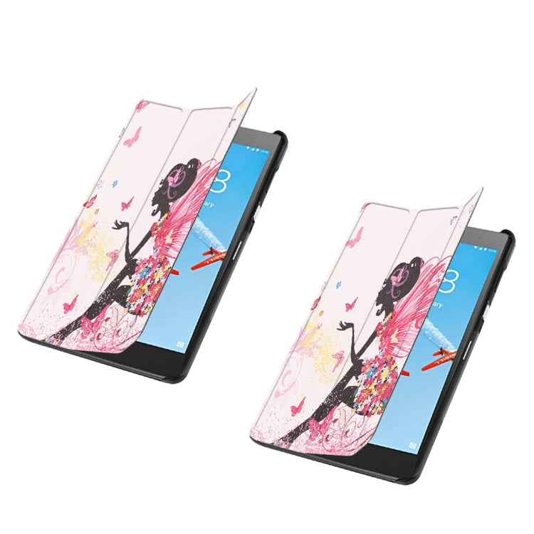 Horizontal Flip Elf Girl Pattern Colored Painted PU Leather Case For Lenovo E7 / TB-7104F, With Three-folding Holder