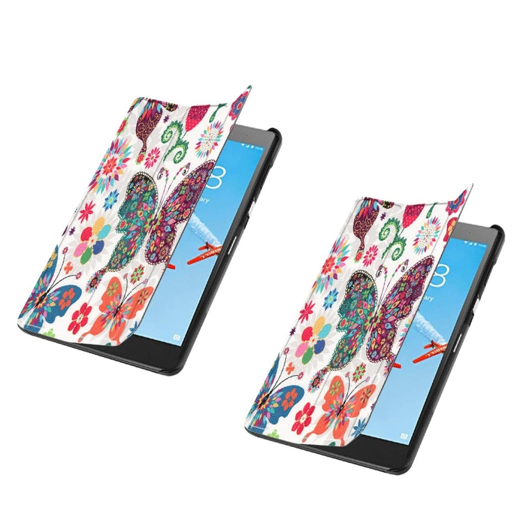 Horizontal Flip Colors Butterfly Pattern Colored Painted PU Leather Case For Lenovo E7 / TB-7104F, With Three-folding Holder