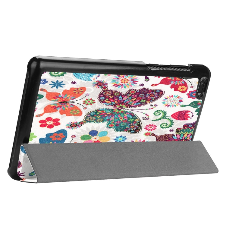 Horizontal Flip Colors Butterfly Pattern Colored Painted PU Leather Case For Lenovo E7 / TB-7104F, With Three-folding Holder