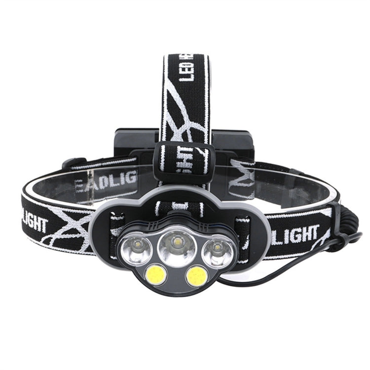 YWXLight 5LEDs USB Charging Strong Headlight T6 Aluminum Alloy Fishing Lamp(Headlight+USB Cable+2xBattery)