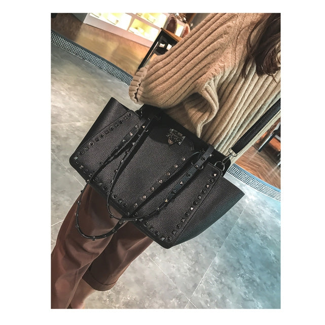 2 in 1 Fashionable PU Leather Rivet Women's Handbag Single-shoulder Bag Messenger Bag