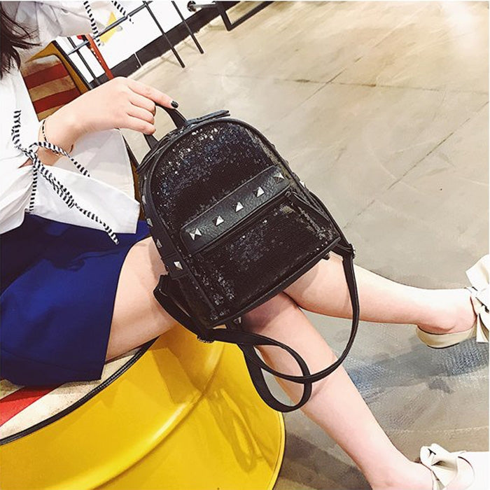 Cute Glitter Bling Backpack Rivet PU Leather Double-shoulder School Bag