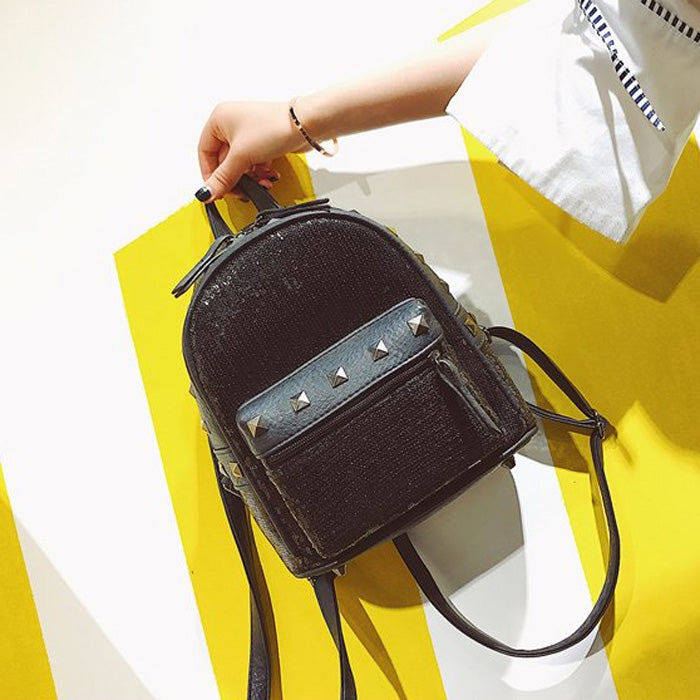 Cute Glitter Bling Backpack Rivet PU Leather Double-shoulder School Bag