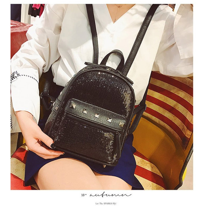 Cute Glitter Bling Backpack Rivet PU Leather Double-shoulder School Bag