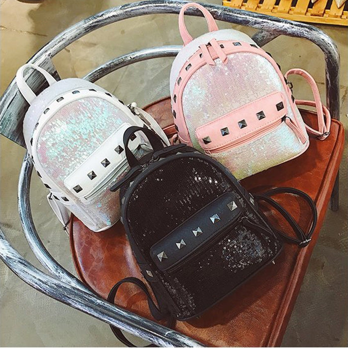 Cute Glitter Bling Backpack Rivet PU Leather Double-shoulder School Bag