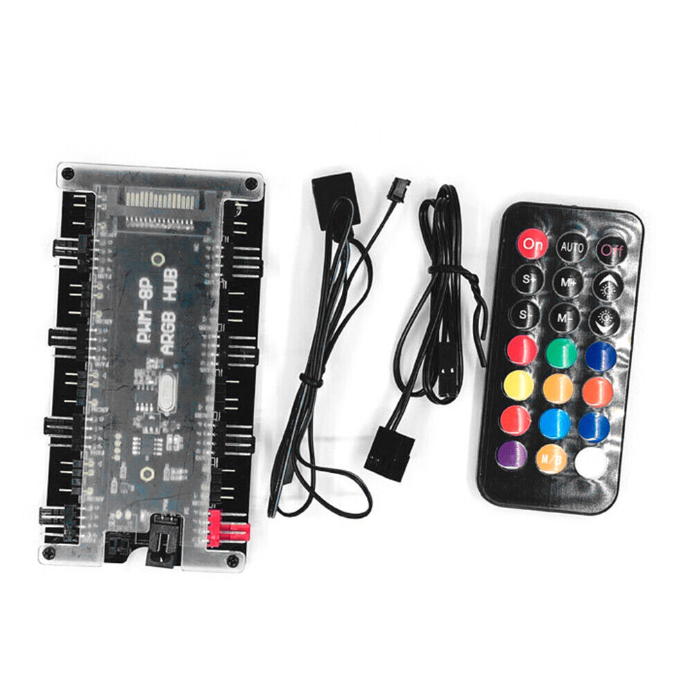 Remote Control PWM Fan Hub 8 Port 4-Pin PWM Fan 1 to 8 3-Pin ARGB LED Hub