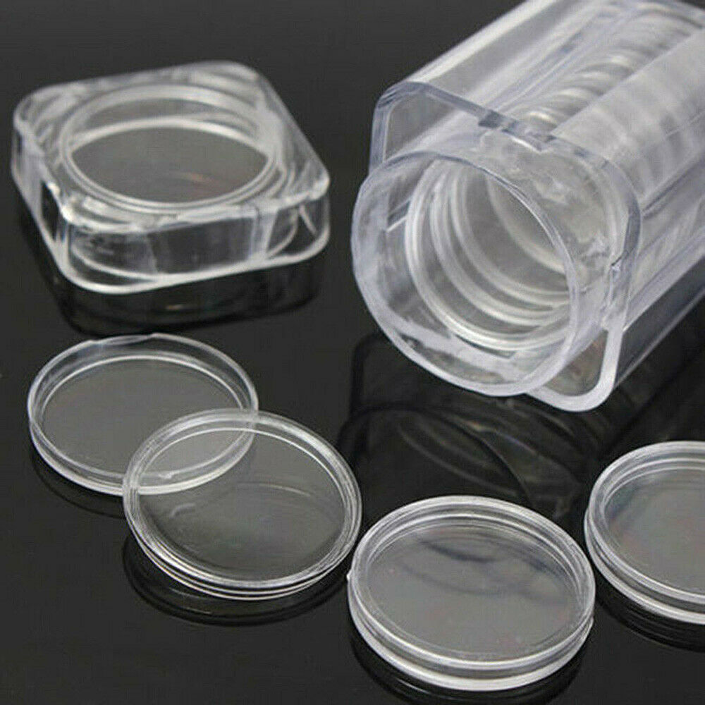30mm Clear Round Plastic Coin Storage Box Can Hold 10 Capsules Container Cases