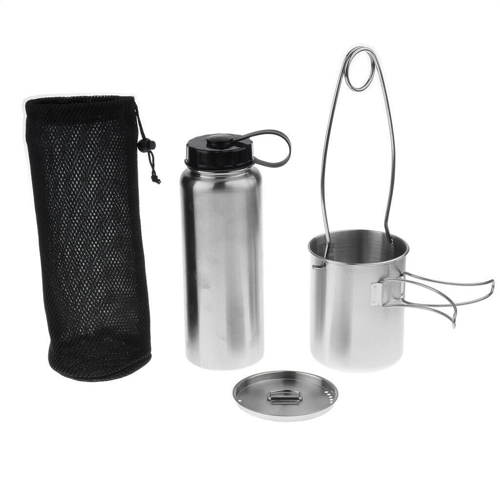 Outdoor Pot Camping Stainless Steel Bottle 750ml Bowl Cooking Tea Traveling