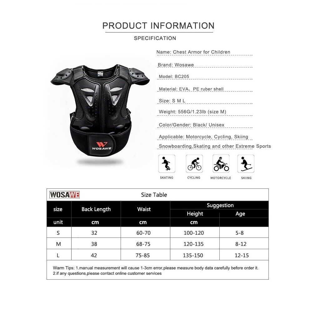 Kids Motorcycle Armor Vest Support Jacket Dirt Bike Chest Protector Black S