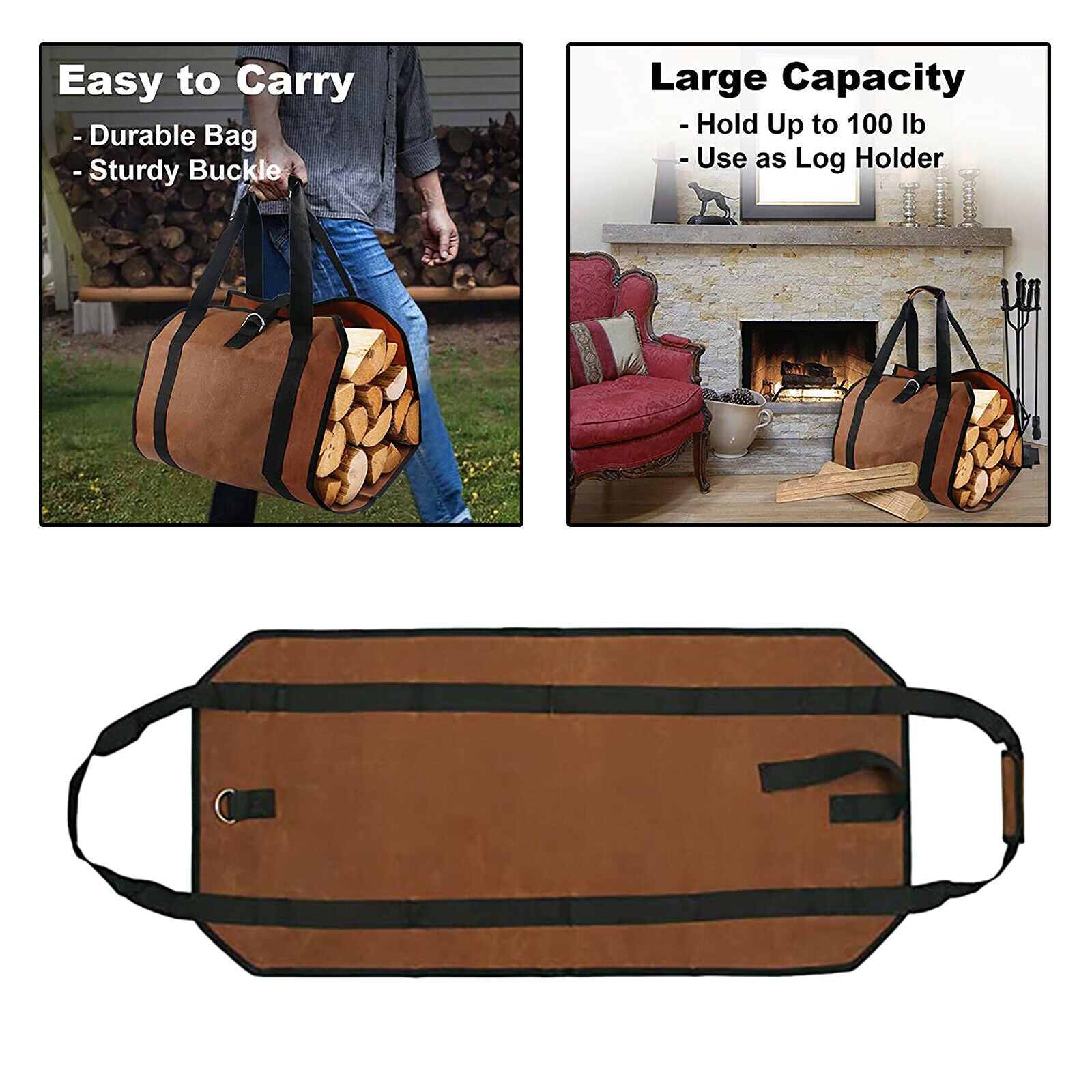 Firewood Wood Carrier Bag Waxed Canvas Large Durable Camping for Outdoor