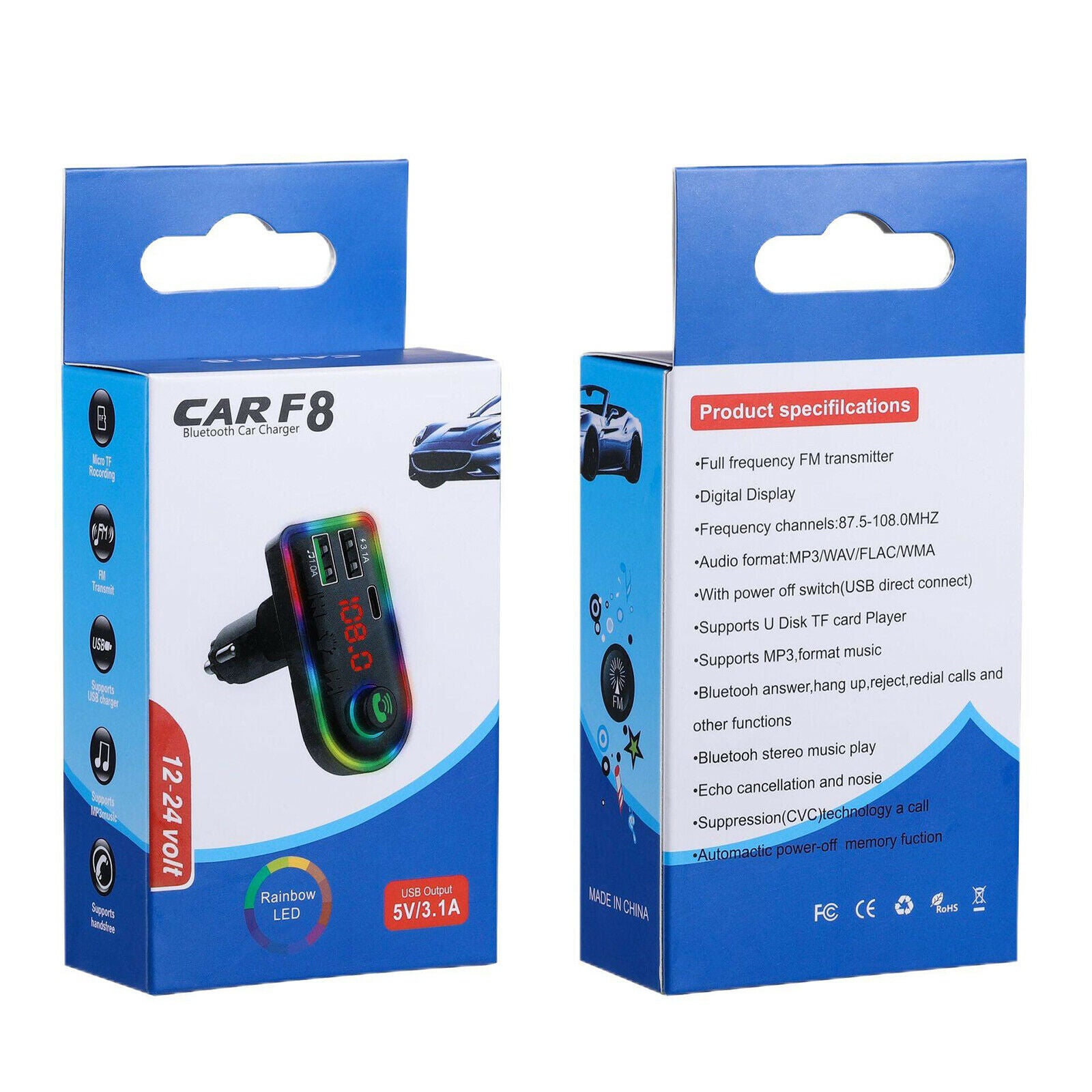Car Charger Bluetooth 5.0 FM Transmitter Type C PD Fast Charge 7 RGB Backlit