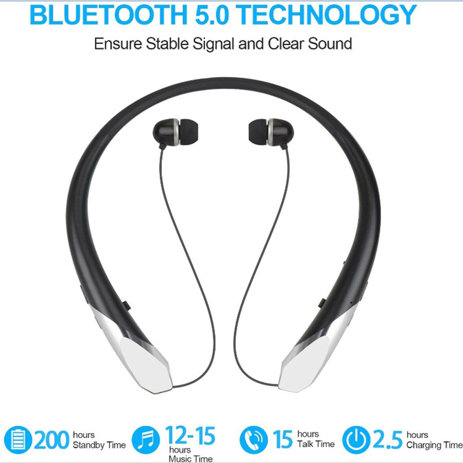 Bluetooth 5.0 Neckband Retractable Earbuds HD Headset Headphones with mic