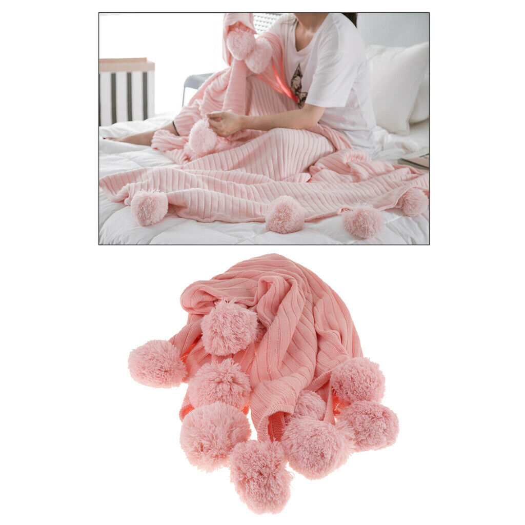 100% Cotton Sofa Throw Blanket with Ball Tassels Couch or Bed Throws Pink