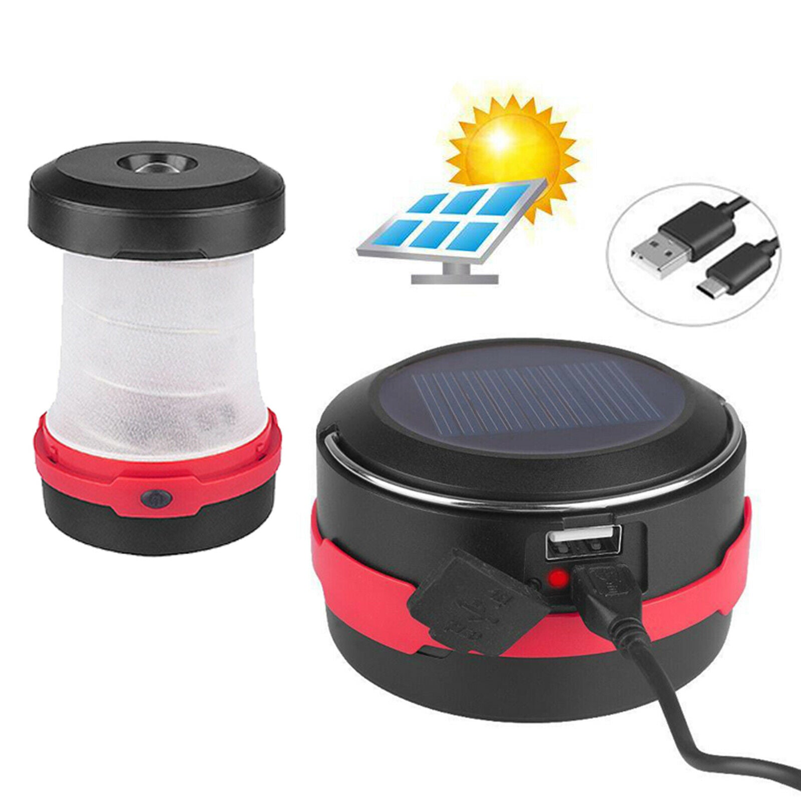 Solar and USB Rechargeable 2-in-1 Portable LED Collapsible Camping Lantern Light