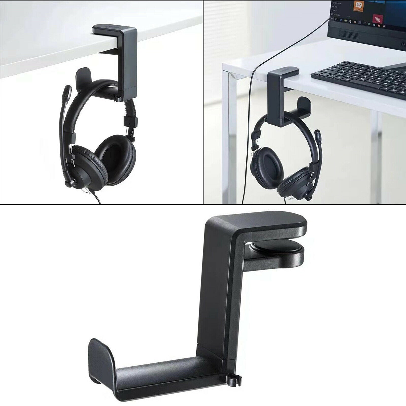 Black Headphones Headset Stand Holder 360 Degree Swing Clamp Headphone
