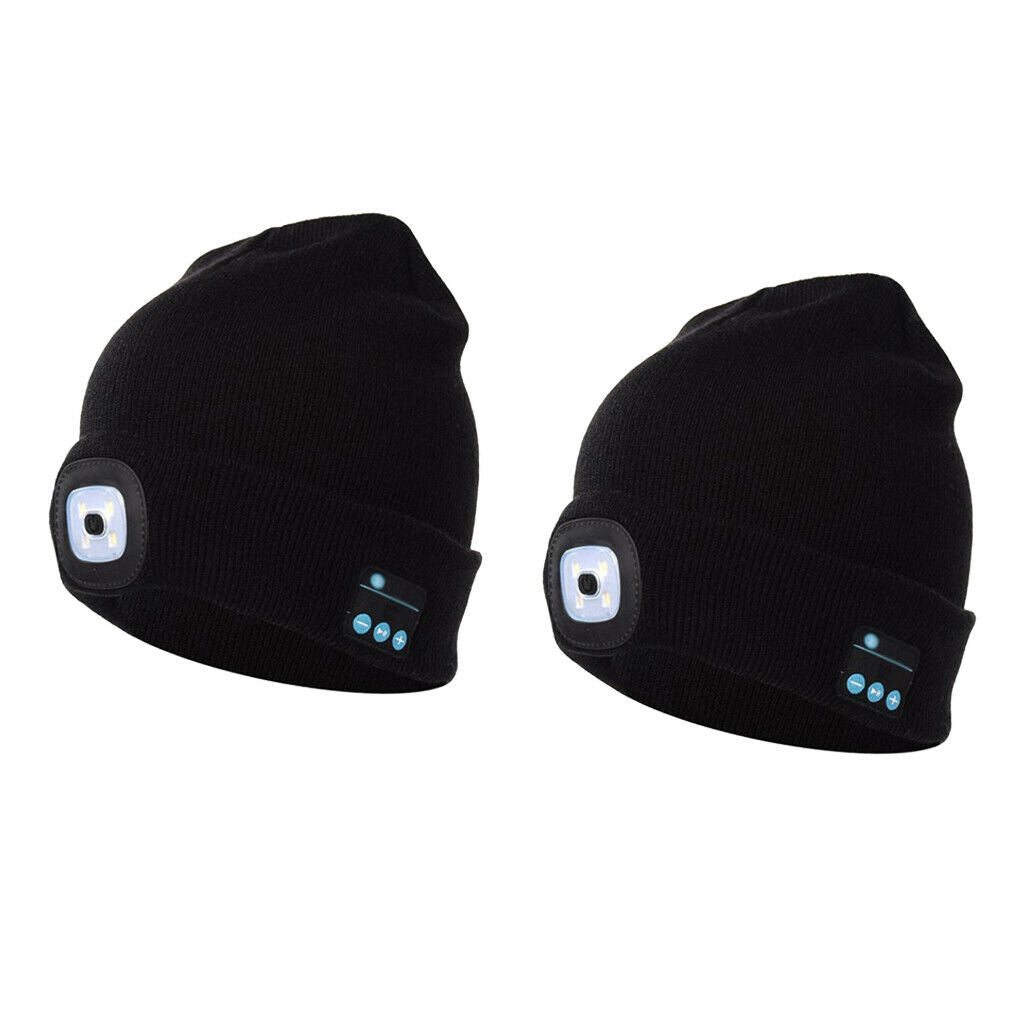 2Pcs Unisex Bluetooth Beanie Hat with Stereo Headset Speaker Mic Black