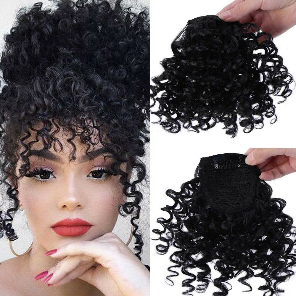 100% Remy Human Hair Curly Bangs Clip in Front Fringes Afro Hairpiece Extensions