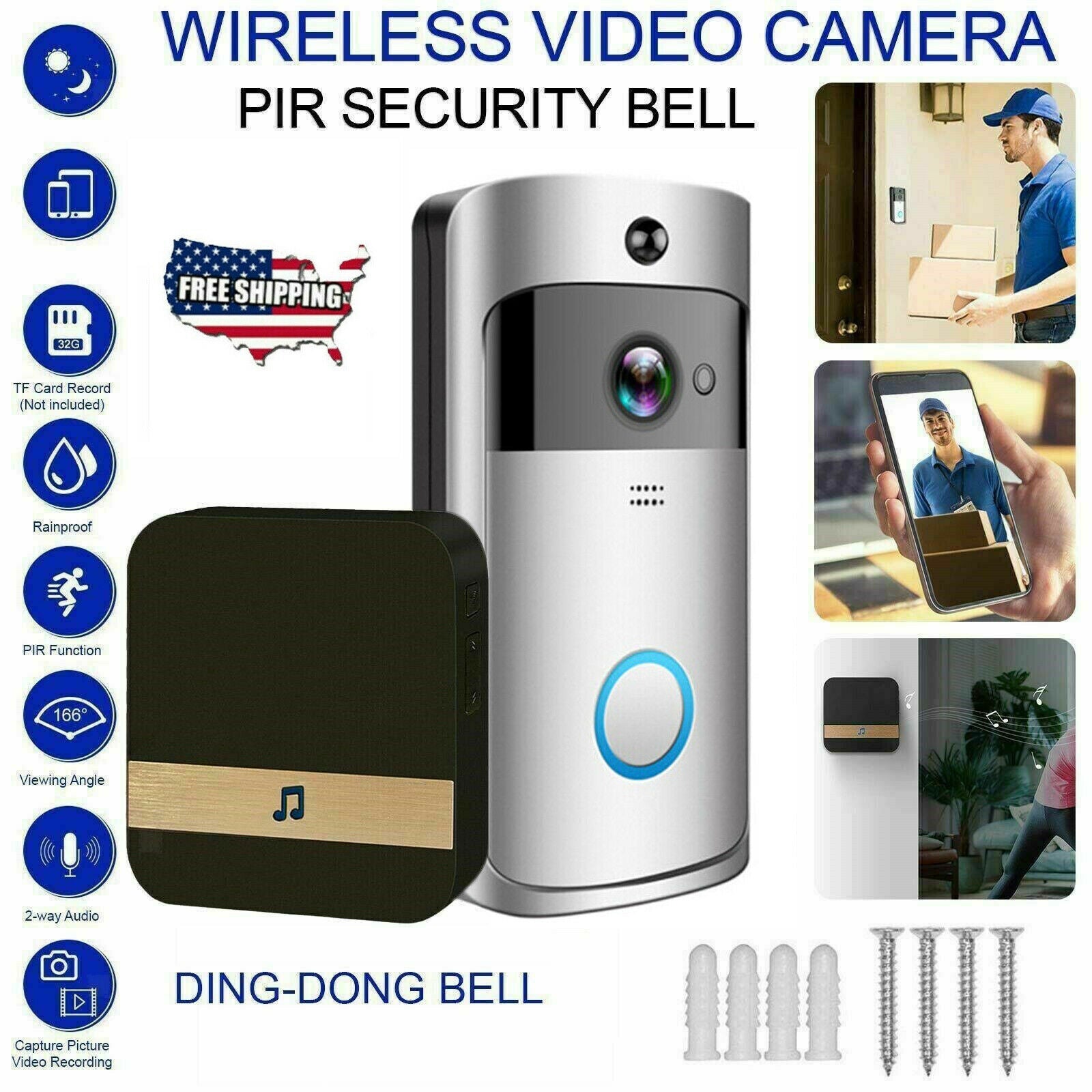 Wireless WiFi Video Doorbell Smart Phone Bell Intercom IR 1080P HD Camera US