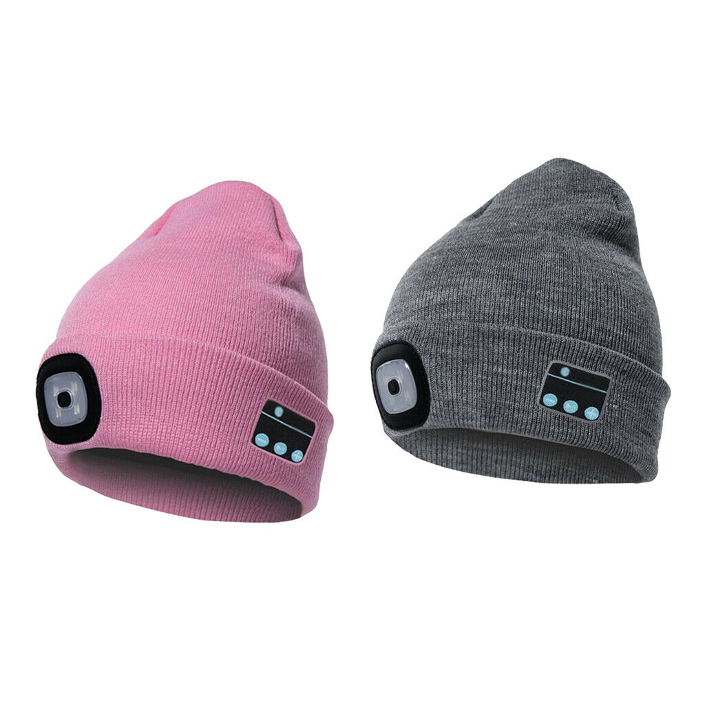 2 Pack Pink+Gray Unisex Stylish Bluetooth Beanie Hat Warm Hands-Free Talking