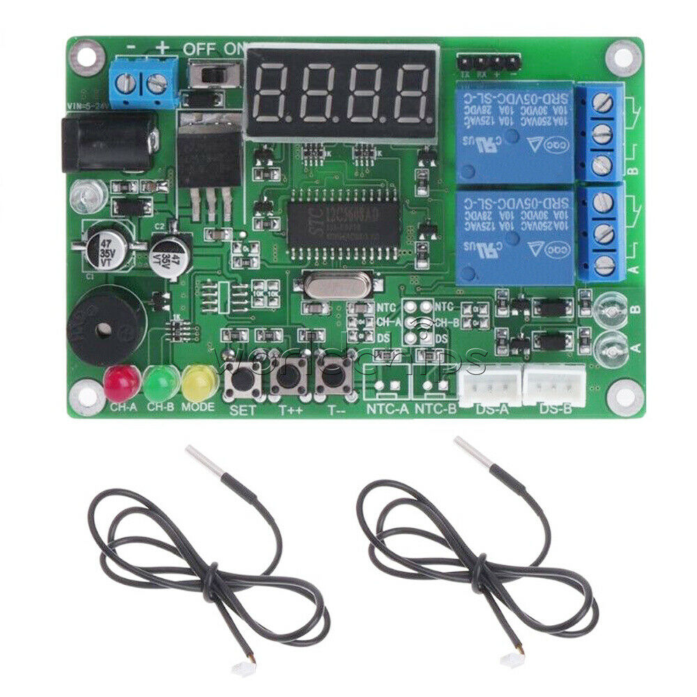 -45℃~125℃ 5-24V 2-CH Digital Temperature Difference Controller Relay & 2 Sensors
