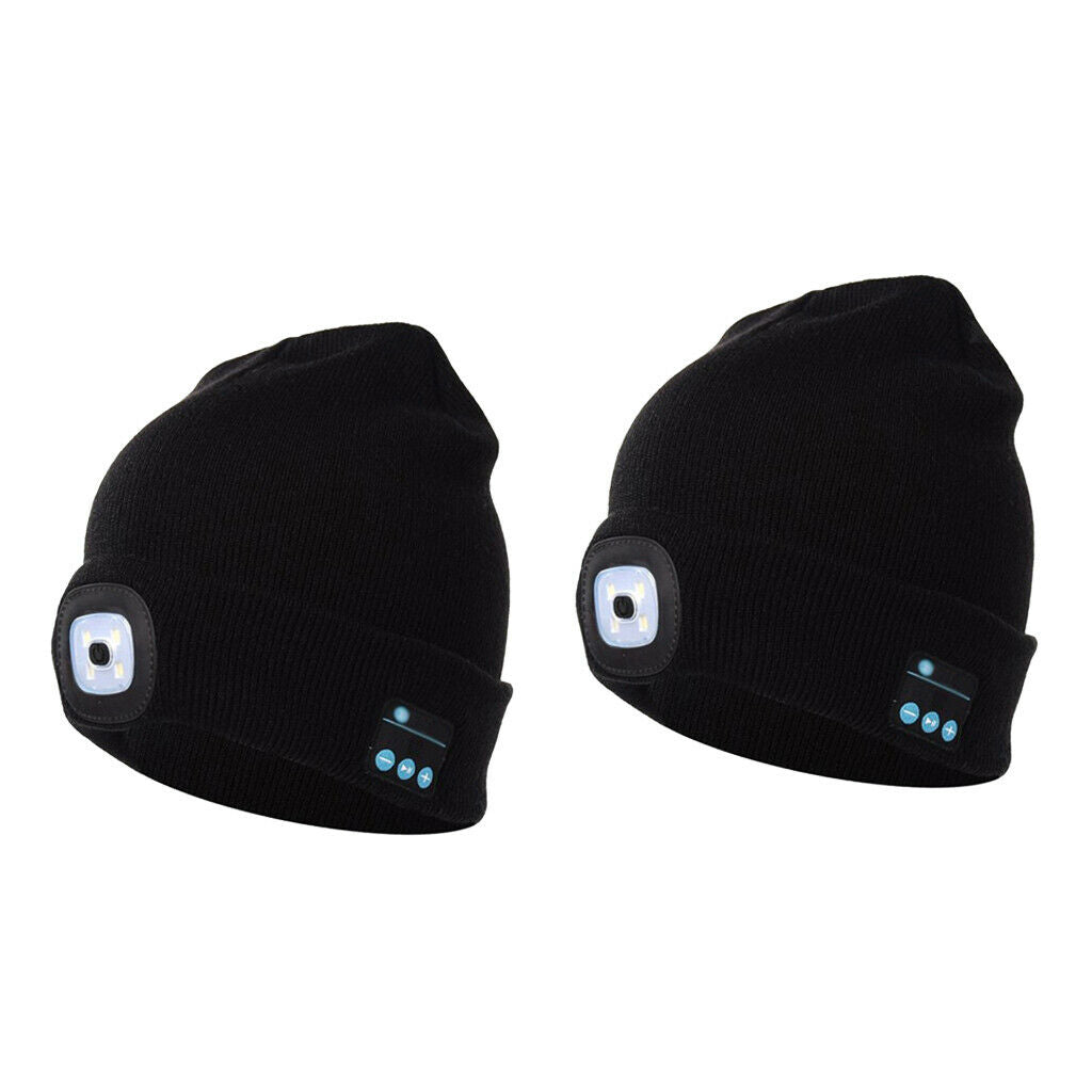 2Pcs Unisex Bluetooth Beanie Hat with Stereo Headset Speaker Mic Black