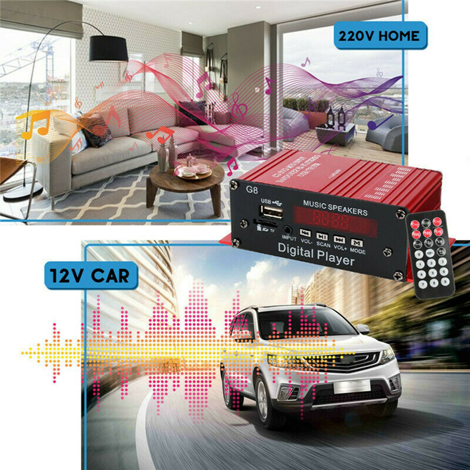 Bluetooth Audio 2 Channel Amplifier Receiver Hi-Fi with Remote Control