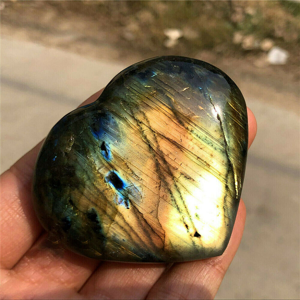 100% Natural Rainbow Labradorite Heart Quartz Crystal Carved Reiki Healing New