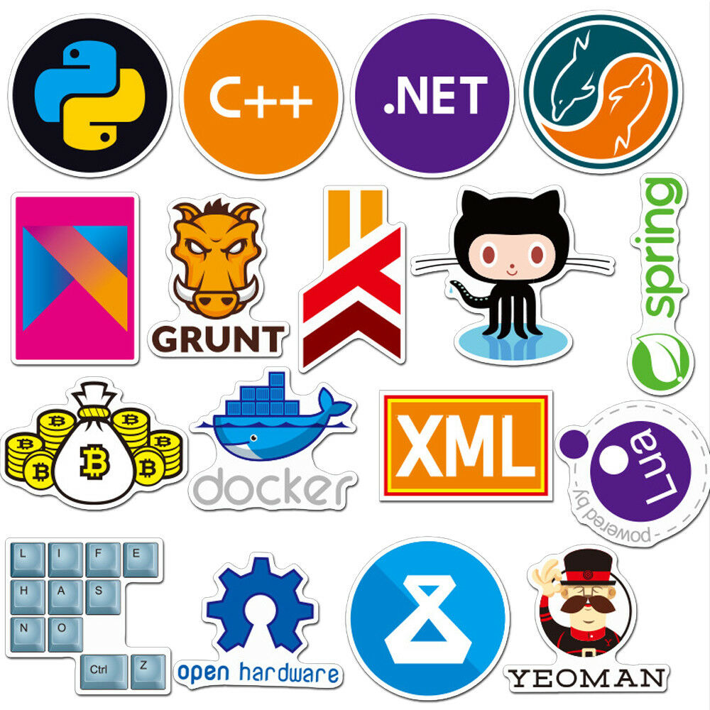72x Developer, Programmer Stickers of Programming Languages and Internet Brands
