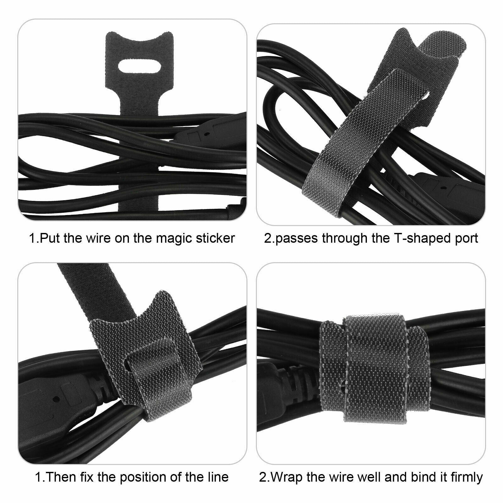 100 X Cable Straps Black Wire Cord Hook Loop Ties Reusable Fastening Organizer