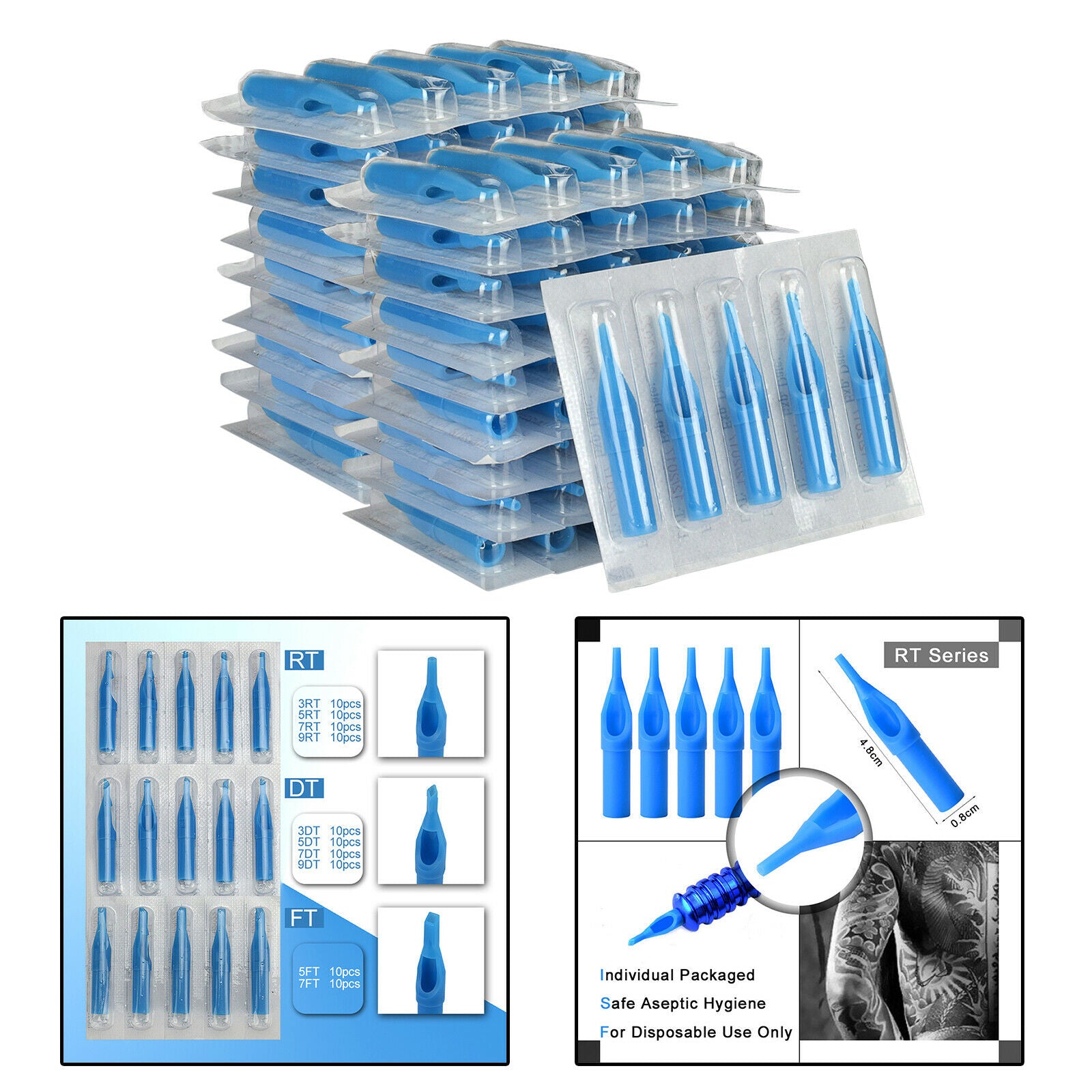 100 X Tattoo Tips Assorted for 3RL 7RL 7RS 9RS Tattoo Needles Round Flat