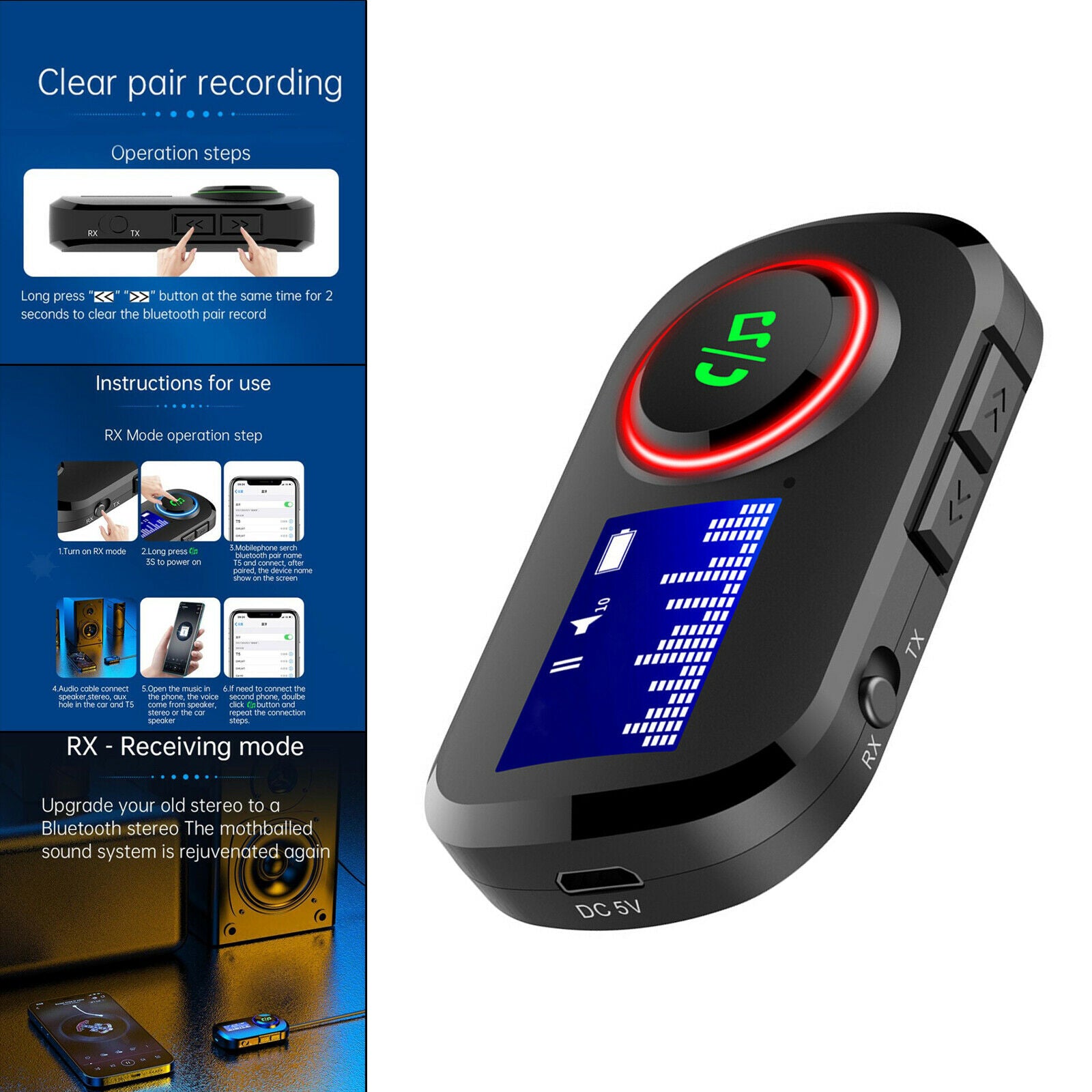 Bluetooth 5.0 Transmitter and Receiver Digital Audio Adapter Built-in Mic