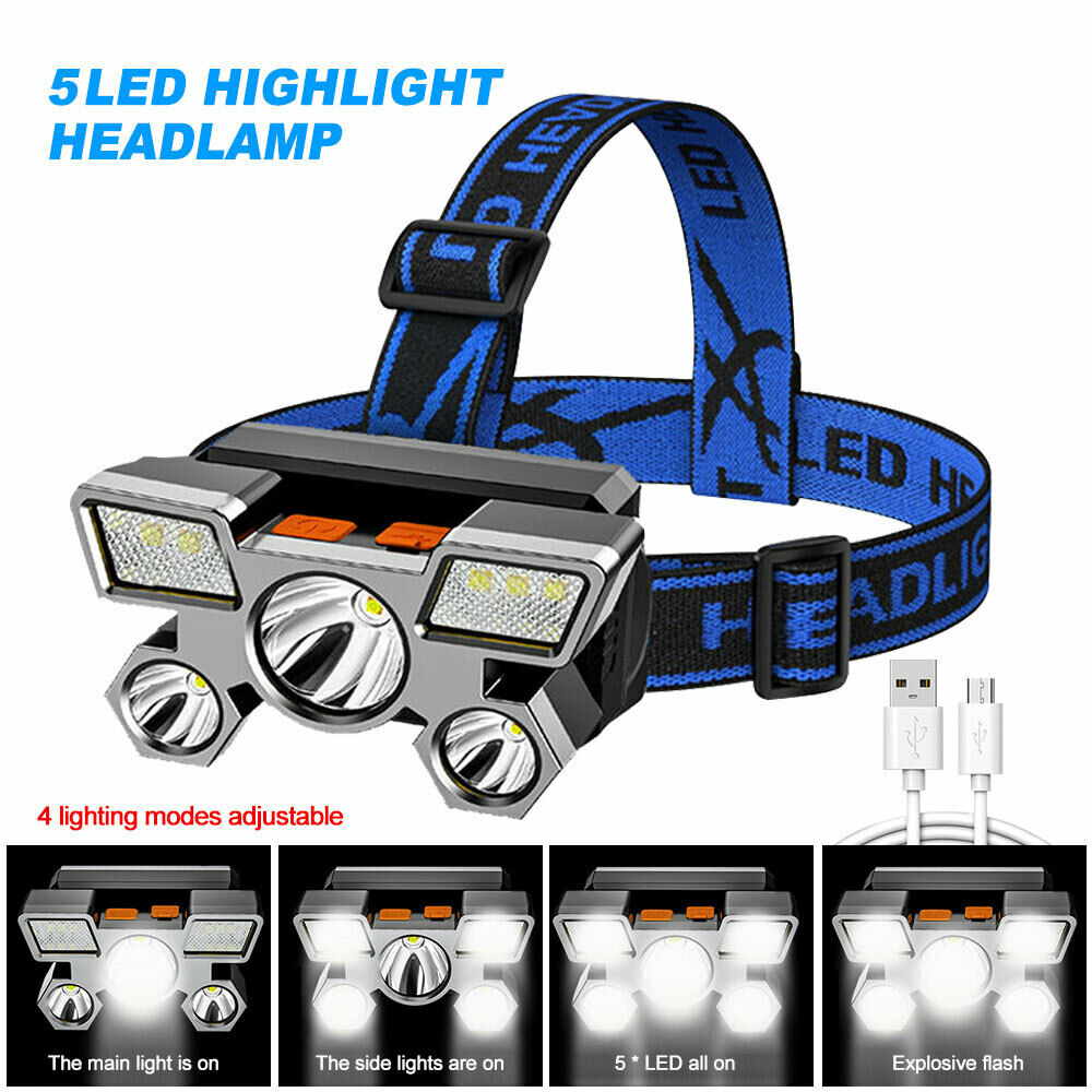 Waterproof LED Headlamp 5 LED Rechargeable Head Light Torch for Fishing Camping
